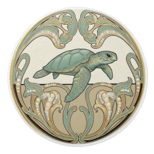 Havssköldpadda Grön Kräm & Guld Art Deco Nouveau Knopp