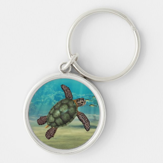 Havssköldpadda högvärdiga Keychain Rund Silverfärgad Nyckelring (Framsidan)