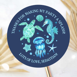 Havssköldpadda, jellyfish och Seahorse Watercolor Runt Klistermärke