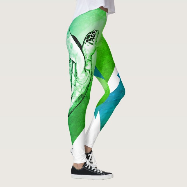 Havssköldpadda Konsttryck Grafisk Aqua Grön Turkos Leggings (Höger)