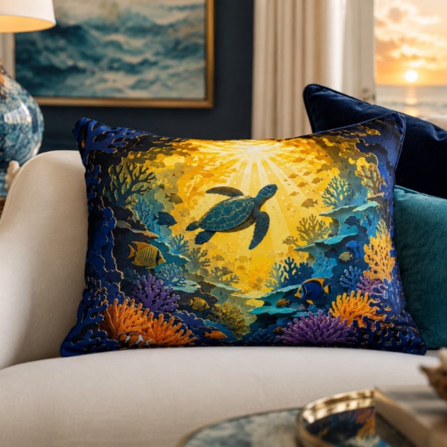 Havssköldpadda Korallrev Dekorativ Kudd Prydnadskudde (Sea Turtle Coral Reef Art | Papercut Ocean Wall Print)