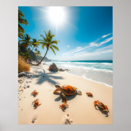 Havssköldpadda & Krabbor på Tropisk Strand – Lugnt Poster