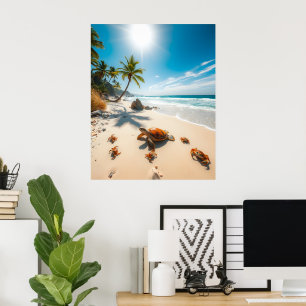 Havssköldpadda & Krabbor på Tropisk Strand – Lugnt Poster