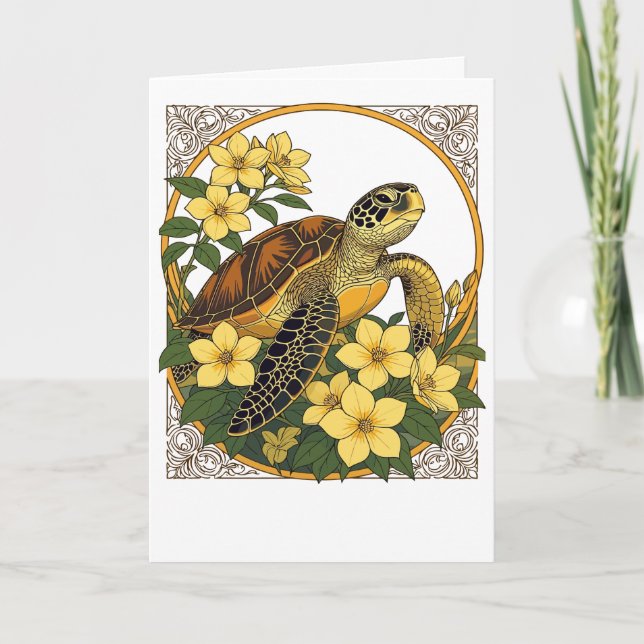 Havssköldpadda och gula Gelsemium-blommor Helgkort (Framsida)