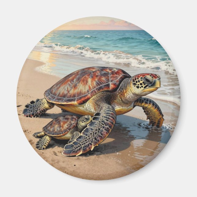 Havssköldpadda och unge på strandillustration magnet (Framsidan)