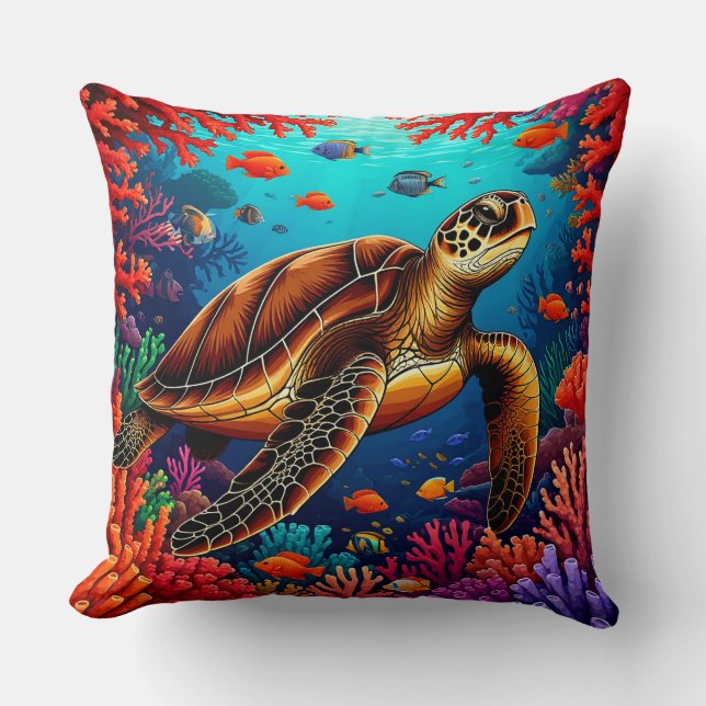 Havssköldpadda och Vibrant Coral Reef Kudde (Framsida)