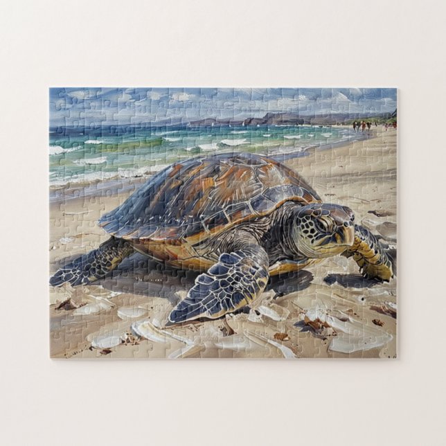 Havssköldpadda på stranden pussel (Horisontell)