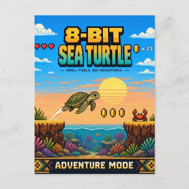 Havssköldpadda, Retro 8-Bit Pixel Art Vykort (Framsida)