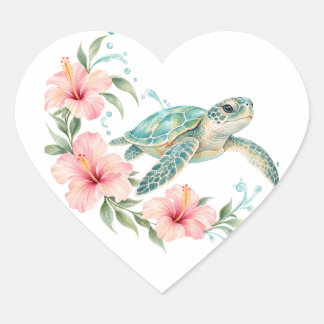 Havssköldpadda & Rosa Hibiskus Hjärtdekal Hjärtformat Klistermärke