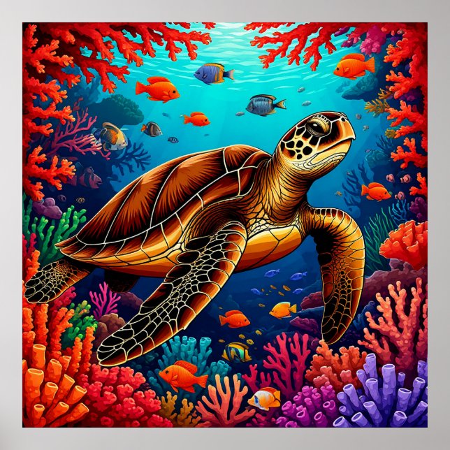🐢 Havssköldpadda som simmar över korallrev Väggko Poster (Framsidan)