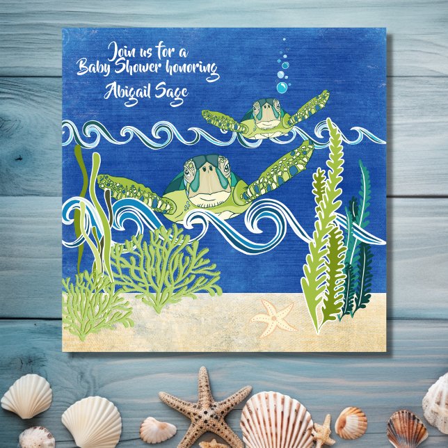 Havssköldpaddor Ocean Beach Neutralt/Boys Baby Sho Inbjudningar (Front - Sea Turtles Ocean Beach Neutral Boys Baby Shower Invitation)