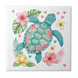 Havssköldpaddor och tropiska blommor kakelplatta
