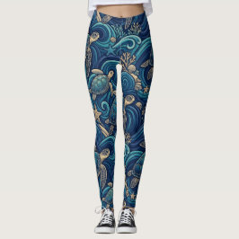 Havssköldpaddor, Palmer och Våg Mönster Leggings