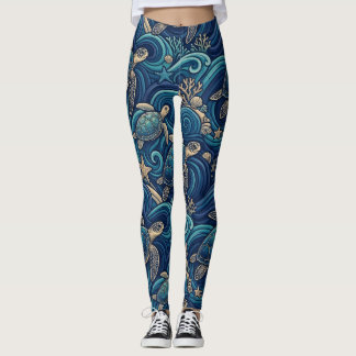 Havssköldpaddor, Palmer och Våg Mönster Leggings