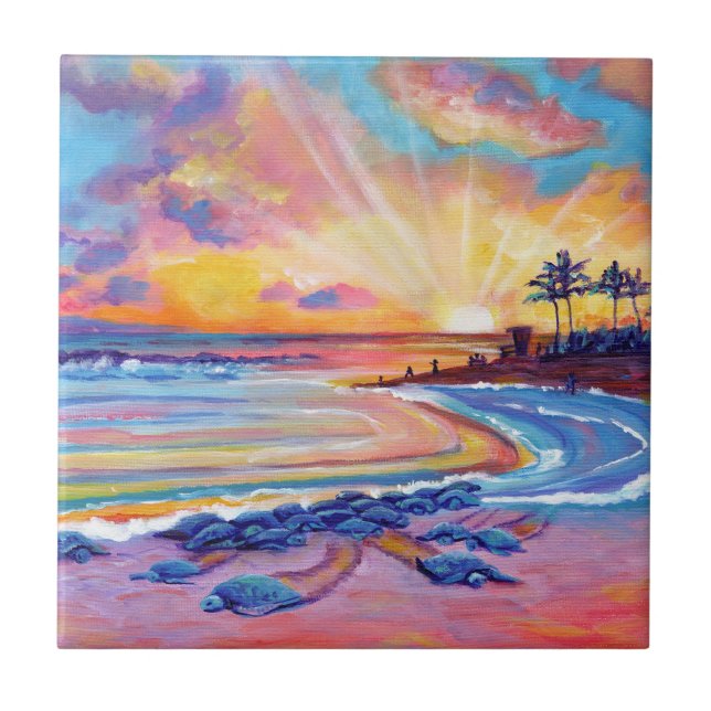 Havssköldpaddor vid Poipu Beach Sunset Kakelplatta (Framsidan)