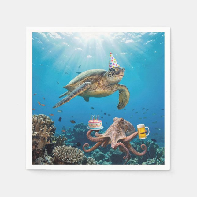 Havssköldpadds födelsedagsfest med bläckfisk pappersservett (Framsidan)