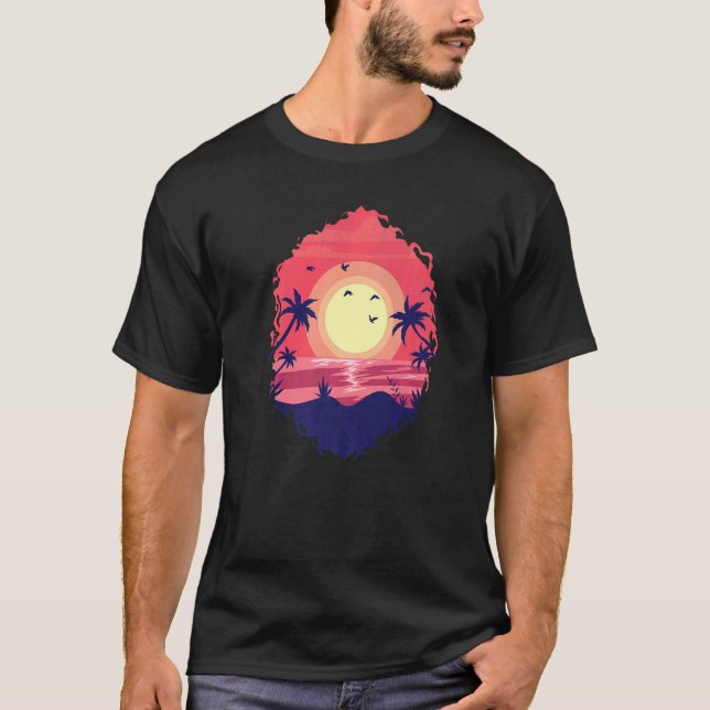 Havssolnedgång med Handflatan Träd T Shirt (Framsida)