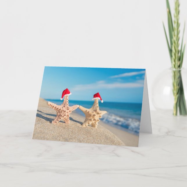 Havsstjärnor par i tomten som går i stranden helgkort (Framsida)