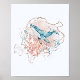Havstema Rosa & Blått Akvarell Val Hav Poster