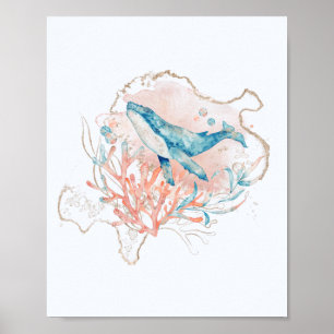Havstema Rosa & Blått Akvarell Val Hav Poster