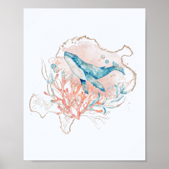 Havstema Rosa & Blått Akvarell Val Hav Poster (Framsidan)