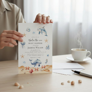 Havstema Vattenfärg Delfin Baby Shower Inbjudningar
