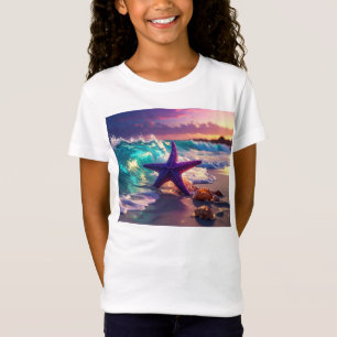 Havstrand med violetta sjöstjärnor t shirt