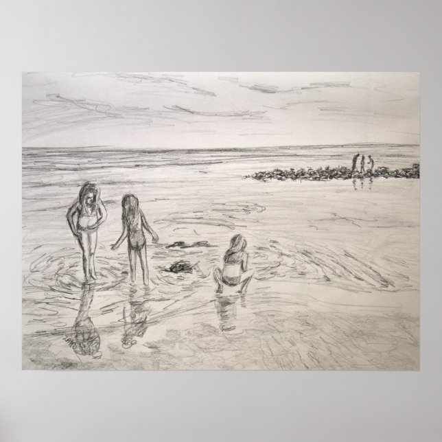 Havsupptäckter Beach Day Pencil Art Teckning Poster (Framsidan)