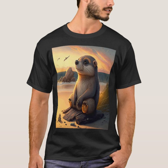 Havsutter Retro Sunset Cute Otter 1 T Shirt (Framsida)
