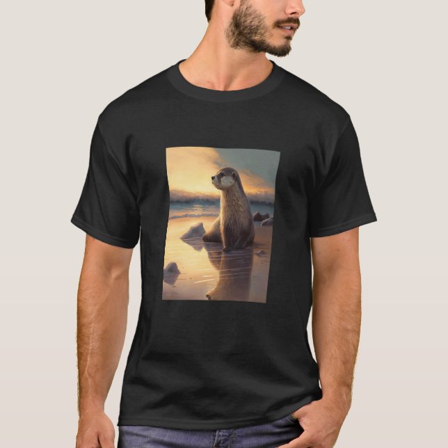 Havsutter Retro Sunset Cute Otter 2 T Shirt (Framsida)