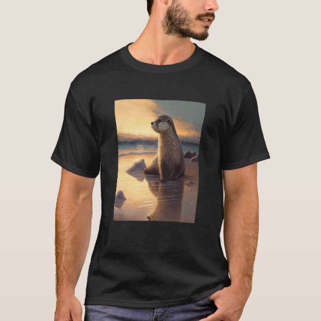 Havsutter Retro Sunset Cute Otter 2 T Shirt (Framsida)