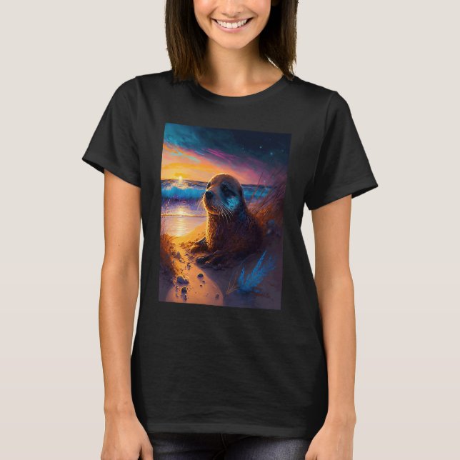 Havsutter Retro Sunset Cute Otter 2 T Shirt (Framsida)