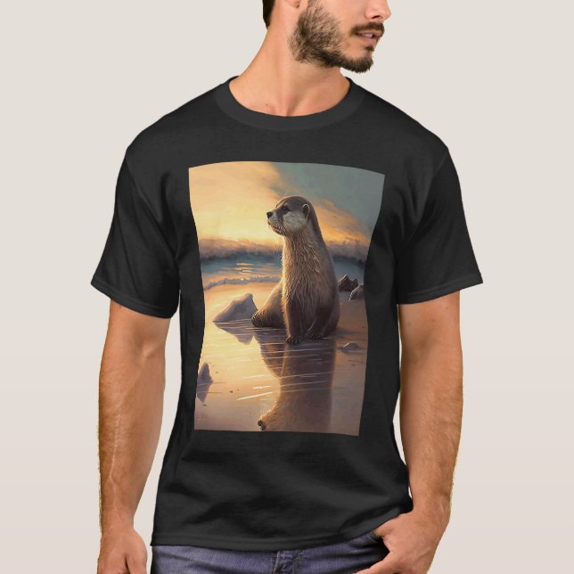 Havsutter Retro Sunset Cute Otter 3 T Shirt (Framsida)