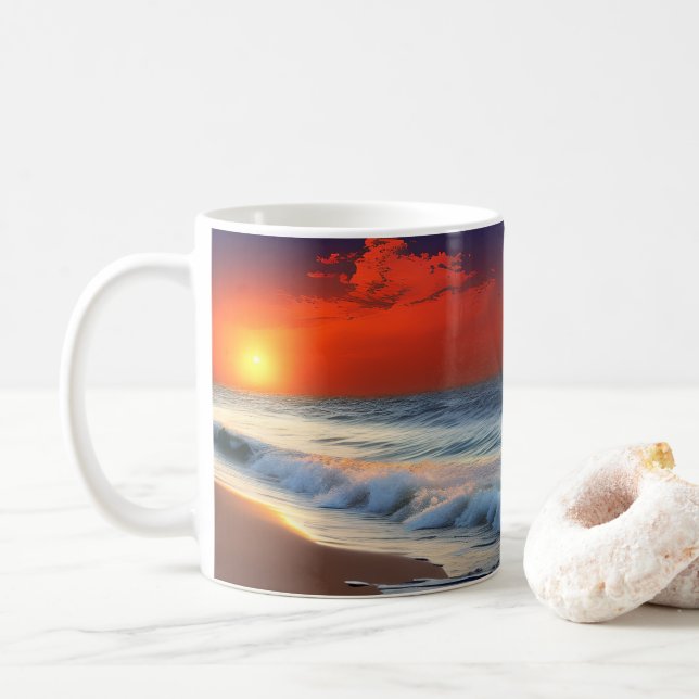 Havsvågor och solnedgång på sandig dusch kaffemugg (Med munk)