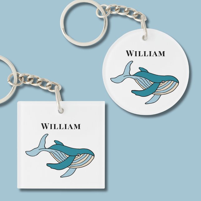 Havsvalar (Blue ocean whale nautical keychain with kids name. Great for school bags and house keys.)
