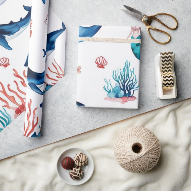 Havsvalgans födelsedag med vit sjöjungfru presentpapper (Hantverk)