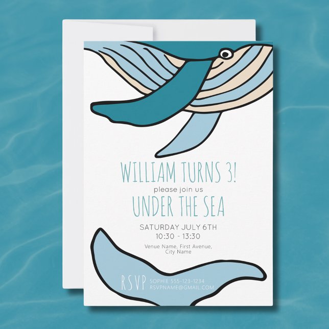 Havsvältingpojkar Födelsedagsfest Inbjudningar (Blue Whale Under the Sea Kids Birthday Party Invitation.  Easily edit online with your own details.)