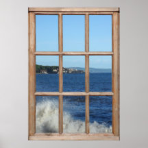 Havsvy från ett fönster med havsstråle