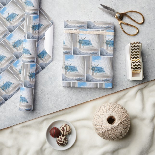 Havsvy med segelbåt i en öppen fönster presentpapper (Hantverk)