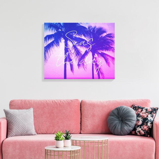 havsvy vid fantastisk nära rosa handflatan träd canvastryck (Insitu (Vardagsrum))