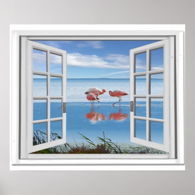 Havsvyfiskens fiskområde med Flamingos på stranden Poster (Framsidan)