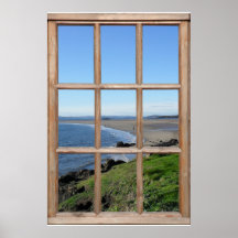 Havsvyillusion från ett fönster i falskt trä
