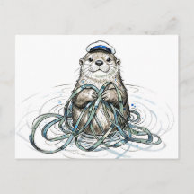 Havutter som håller kelp i marin bläckillustration