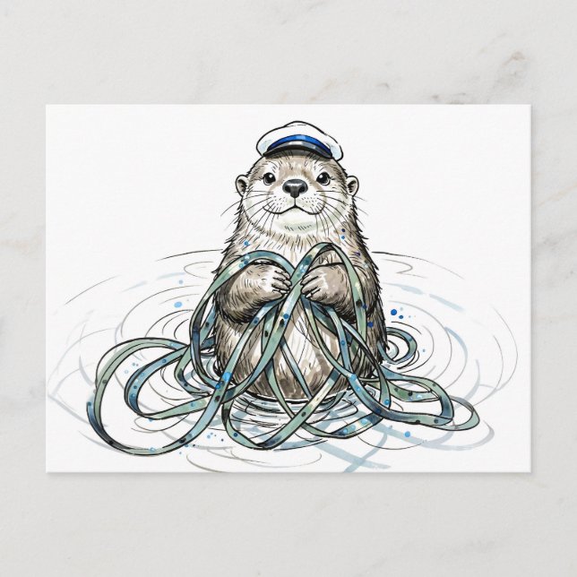 Havutter som håller kelp i marin bläckillustration vykort (Framsida)