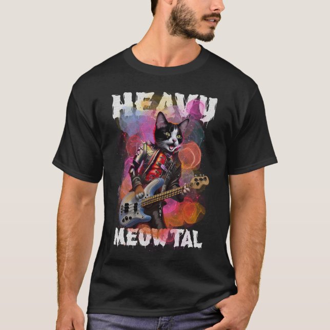 Havy Meowtal Bass Guitar Player T Shirt (Framsida)