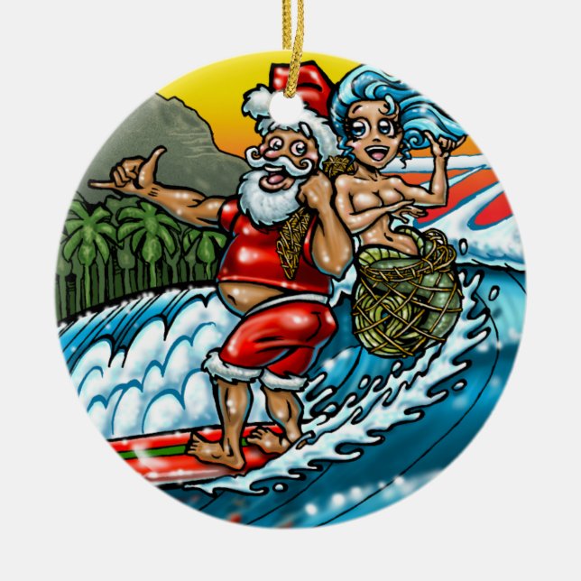 Hawaiansk surfa Santa för blåttjul illustration Julgransprydnad Keramik (Framsidan)