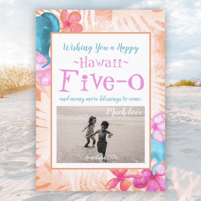 Hawaii 50:e födelsedagen, koral, Rosa, Aqua Inbjudningar (pink, coral orange tropical hawaii 5-0 50th birthday card, hawaiian tropical flowers fifty 50)