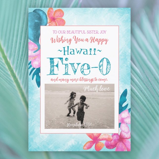 Hawaii 50:e födelsedagsturkos, Aqua, Rosa Inbjudningar (turquoise, tropical teal, pink, coral orange flowers, hawaii 5-0 five-0 happy 50th birthday fifty)
