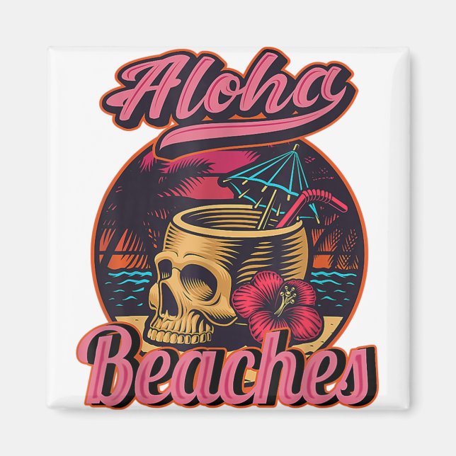 Hawaii Aloha Beacher Tropical Goth Skeleton Skull Magnet (Framsidan)