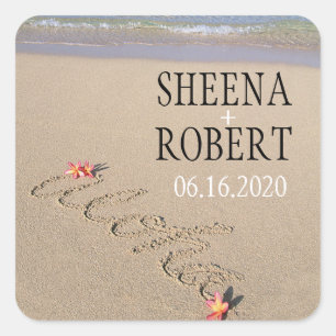 Hawaii Aloha Plumeria Flower Beach Wedding Anpassn Fyrkantigt Klistermärke